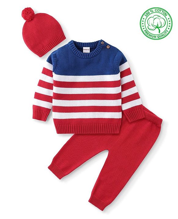 Babyhug Organic Cotton Knit Full Sleeves Striped Sweater Set - Red & Blue