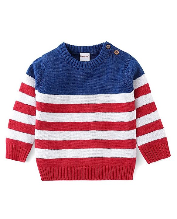 Babyhug Organic Cotton Knit Full Sleeves Striped Sweater Set - Red & Blue