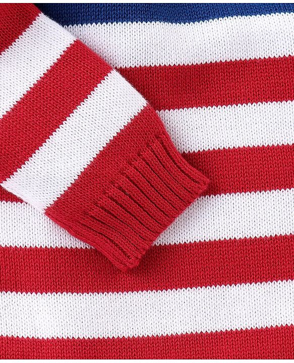 Babyhug Organic Cotton Knit Full Sleeves Striped Sweater Set - Red & Blue