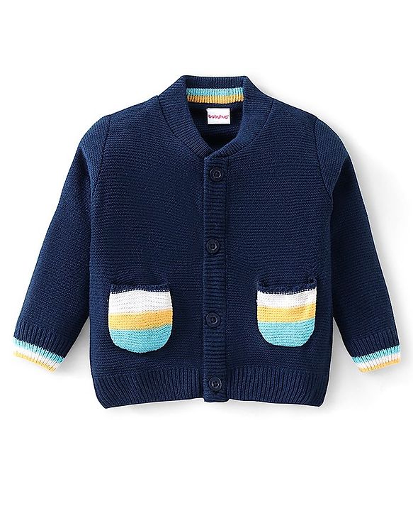Babyhug Knitted Full Sleeves Front Open Sweater with Sequin Detailing & Pockets - Navy Blue