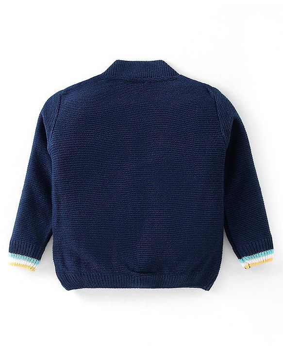 Babyhug Knitted Full Sleeves Front Open Sweater with Sequin Detailing & Pockets - Navy Blue