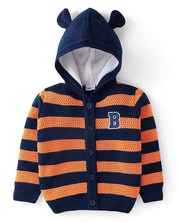 Babyhug  Knit Full Sleeves Hooded Sweater - Navy Blue & Orange
