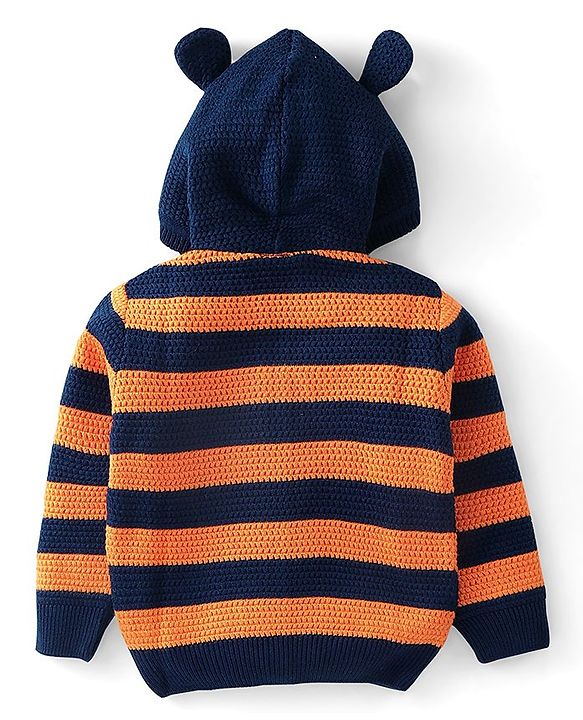 Babyhug  Knit Full Sleeves Hooded Sweater - Navy Blue & Orange