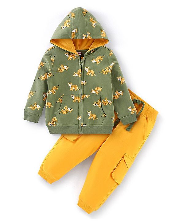 Babyhug 100% Cotton Full Sleeves Hooded T-Shirt & Lounge Pant Set Tiger Print- Green & Yellow