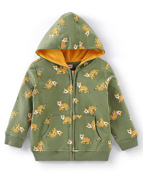 Babyhug 100% Cotton Full Sleeves Hooded T-Shirt & Lounge Pant Set Tiger Print- Green & Yellow