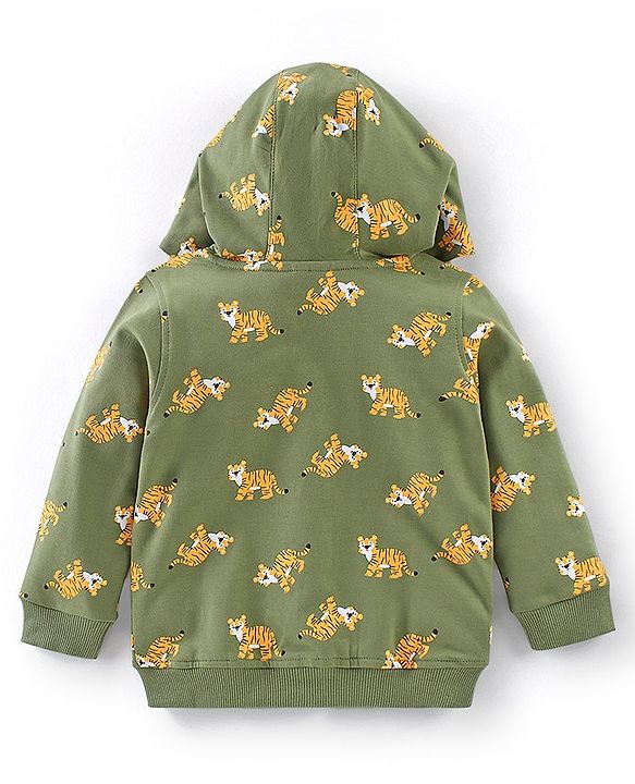 Babyhug 100% Cotton Full Sleeves Hooded T-Shirt & Lounge Pant Set Tiger Print- Green & Yellow