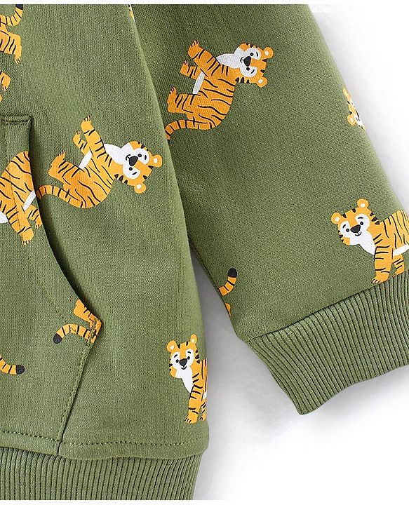 Babyhug 100% Cotton Full Sleeves Hooded T-Shirt & Lounge Pant Set Tiger Print- Green & Yellow