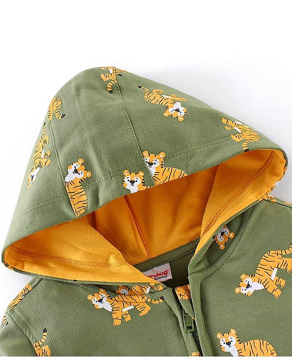 Babyhug 100% Cotton Full Sleeves Hooded T-Shirt & Lounge Pant Set Tiger Print- Green & Yellow