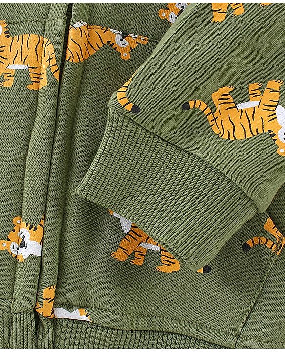 Babyhug 100% Cotton Full Sleeves Hooded T-Shirt & Lounge Pant Set Tiger Print- Green & Yellow