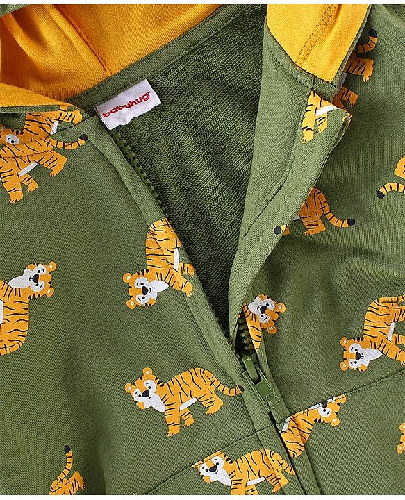Babyhug 100% Cotton Full Sleeves Hooded T-Shirt & Lounge Pant Set Tiger Print- Green & Yellow