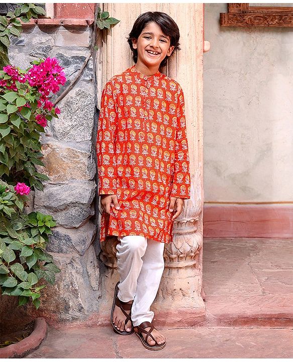 Pine Kids 100% Cotton Full Sleeves Kurta Pyjama With Floral Print - Rust
