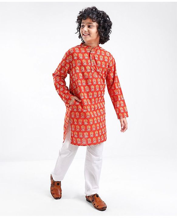 Pine Kids 100% Cotton Full Sleeves Kurta Pyjama With Floral Print - Rust