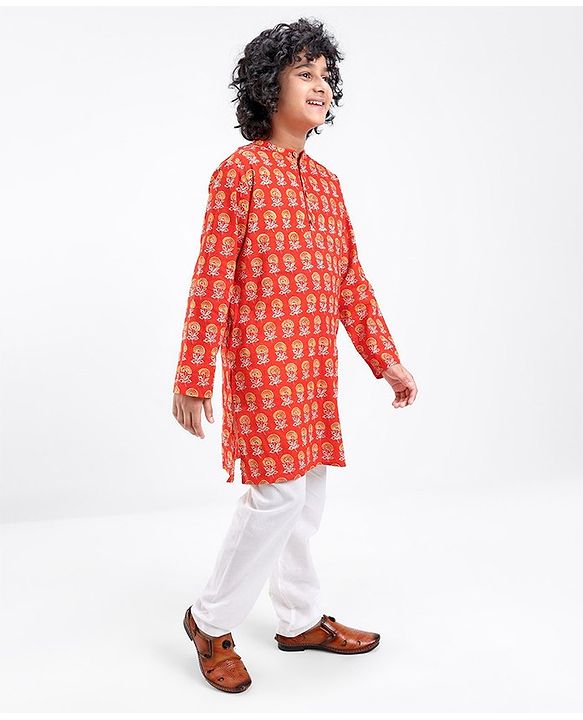 Pine Kids 100% Cotton Full Sleeves Kurta Pyjama With Floral Print - Rust