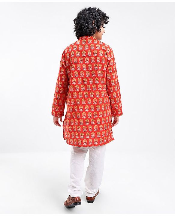 Pine Kids 100% Cotton Full Sleeves Kurta Pyjama With Floral Print - Rust