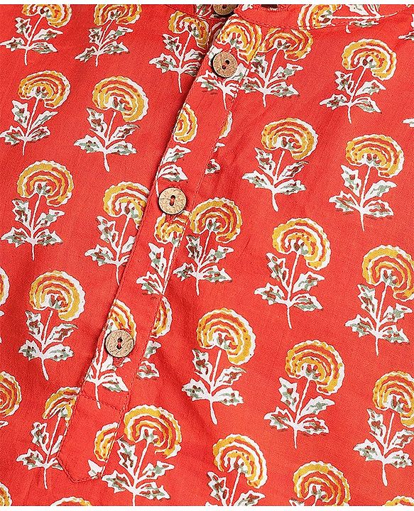 Pine Kids 100% Cotton Full Sleeves Kurta Pyjama With Floral Print - Rust