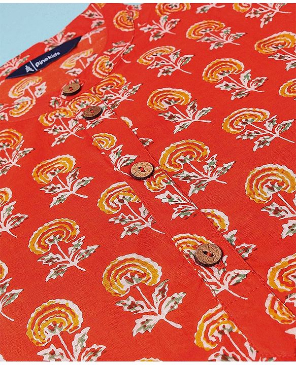 Pine Kids 100% Cotton Full Sleeves Kurta Pyjama With Floral Print - Rust