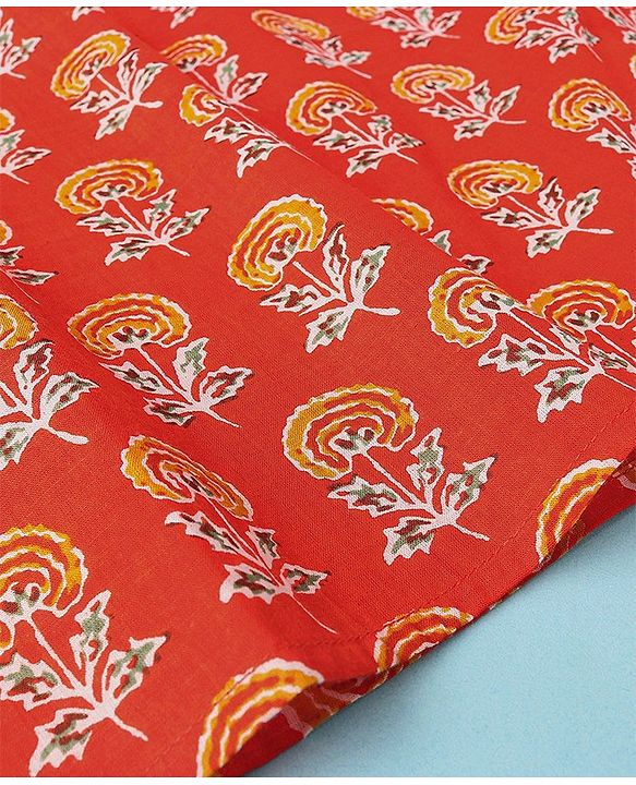 Pine Kids 100% Cotton Full Sleeves Kurta Pyjama With Floral Print - Rust