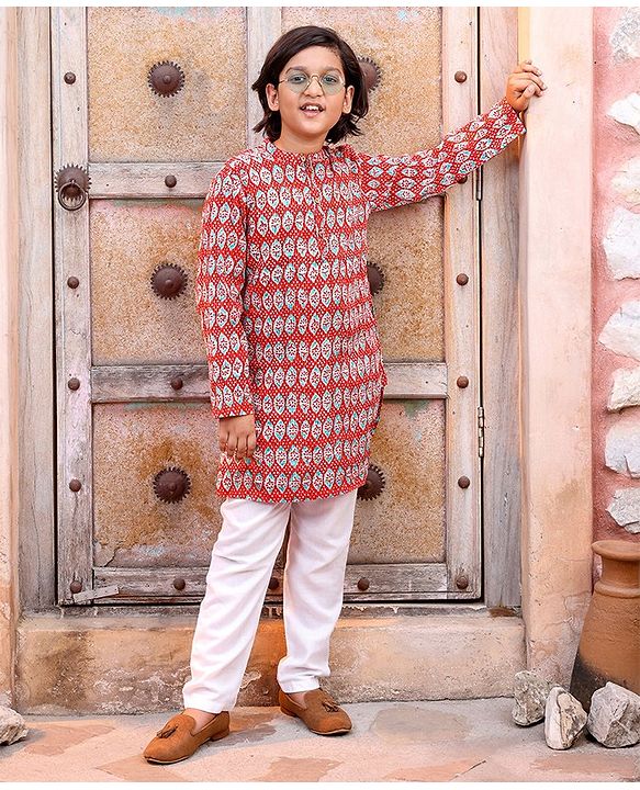 Pine Kids Cotton Full Sleeves Floral Printed Kurta & Pajama Set- Red