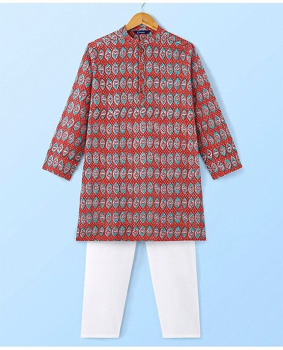 Pine Kids Cotton Full Sleeves Floral Printed Kurta & Pajama Set- Red