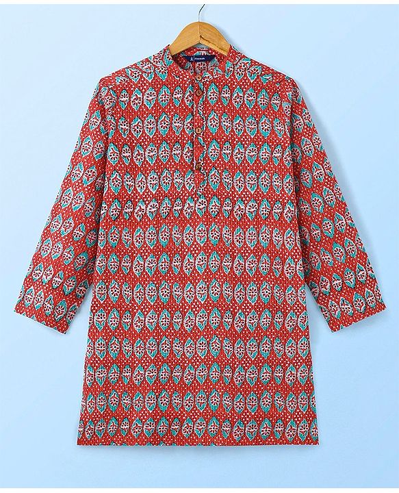 Pine Kids Cotton Full Sleeves Floral Printed Kurta & Pajama Set- Red