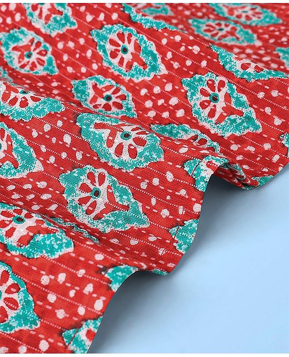 Pine Kids Cotton Full Sleeves Floral Printed Kurta & Pajama Set- Red