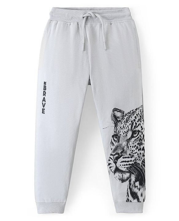 Pine Kids 100% Cotton Knit Full Length Track Pants with Leopard Print - Grey