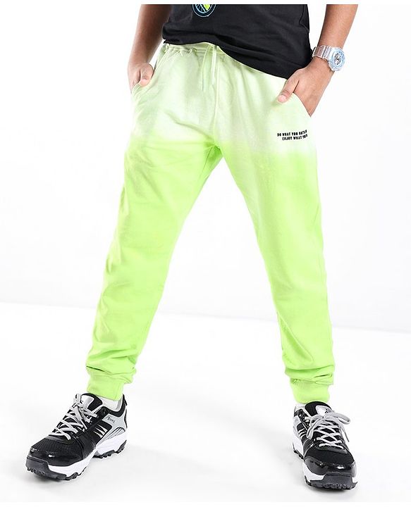 Pine Kids 100% Cotton Knit Full Length Track Pants with Text Print - Lime Punch