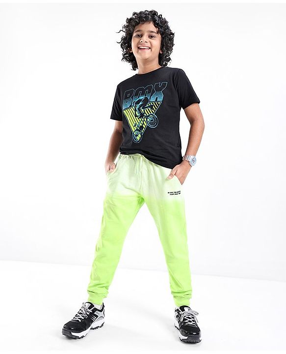 Pine Kids 100% Cotton Knit Full Length Track Pants with Text Print - Lime Punch