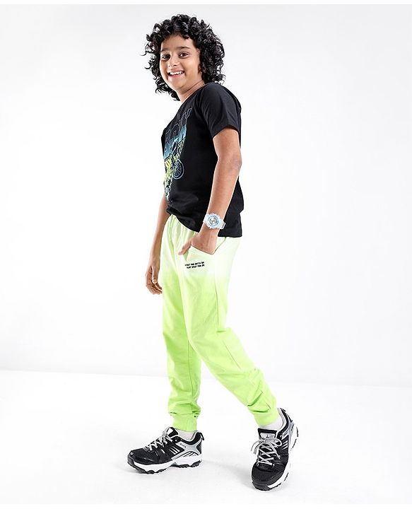 Pine Kids 100% Cotton Knit Full Length Track Pants with Text Print - Lime Punch