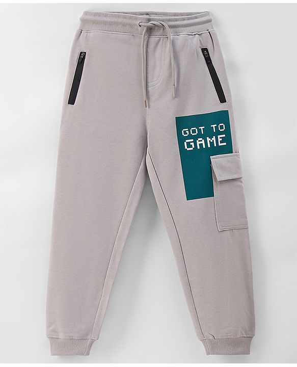 Pine Kids 100% Cotton Knit Full Length Track Pant with Cargo Pockets Text Print - Oyester Mushroom