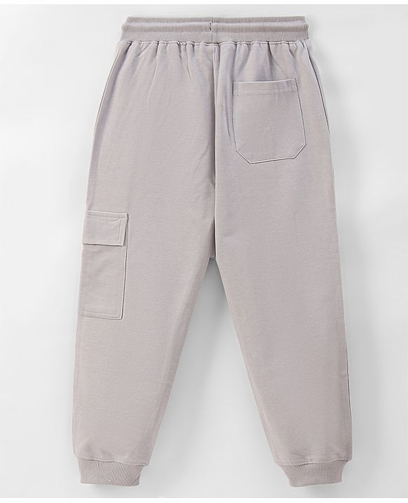 Pine Kids 100% Cotton Knit Full Length Track Pant with Cargo Pockets Text Print - Oyester Mushroom