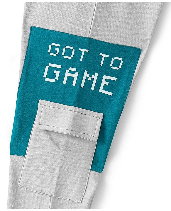 Pine Kids 100% Cotton Knit Full Length Track Pant with Cargo Pockets Text Print - Oyester Mushroom