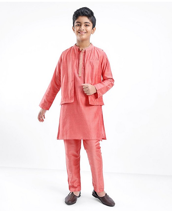 Pine Kids Full Sleeves Solid Kurta Pyjama Set with Printed Bandi- Peach