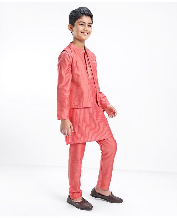 Pine Kids Full Sleeves Solid Kurta Pyjama Set with Printed Bandi- Peach