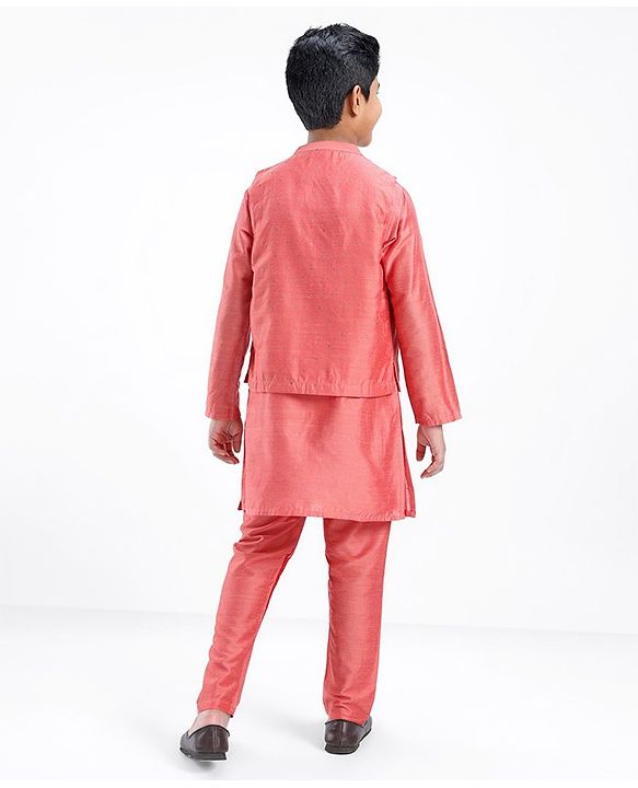 Pine Kids Full Sleeves Solid Kurta Pyjama Set with Printed Bandi- Peach
