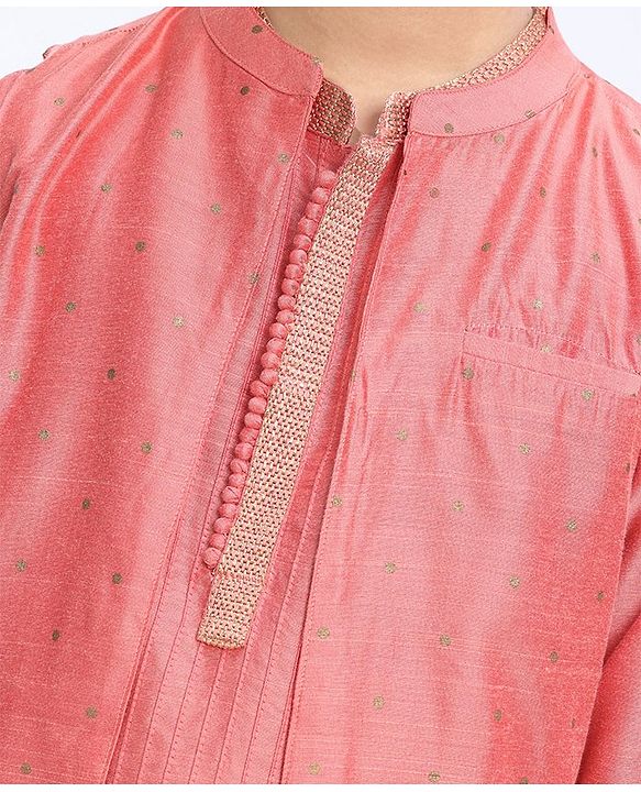 Pine Kids Full Sleeves Solid Kurta Pyjama Set with Printed Bandi- Peach