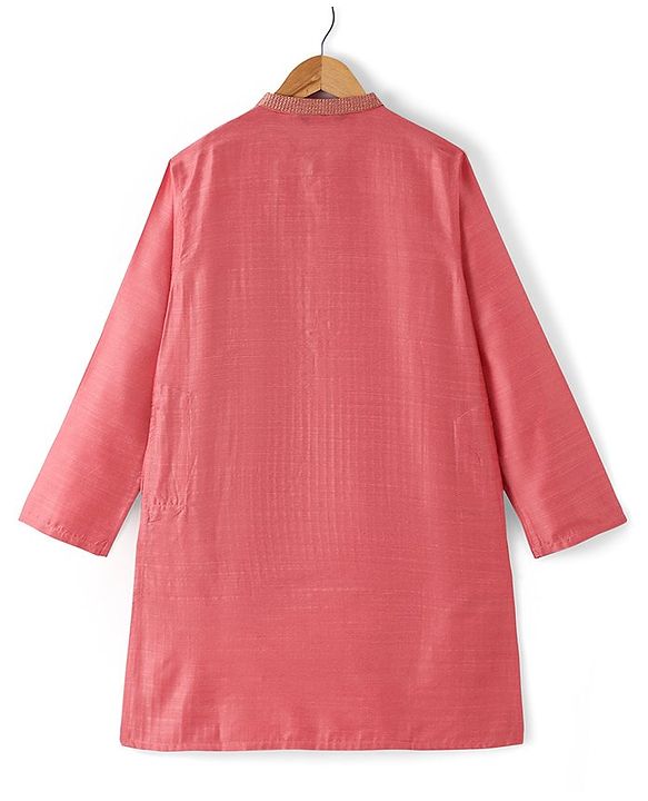 Pine Kids Full Sleeves Solid Kurta Pyjama Set with Printed Bandi- Peach