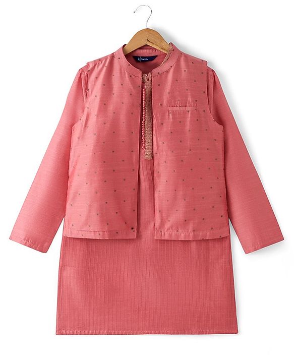 Pine Kids Full Sleeves Solid Kurta Pyjama Set with Printed Bandi- Peach