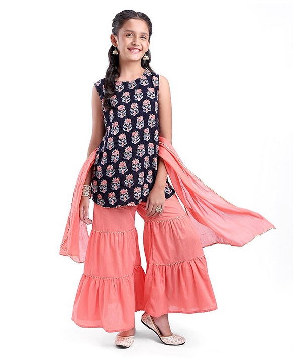 Pine Kids Sleeveless  Kurti & Sharara with Dupatta Set Block Print - Blue