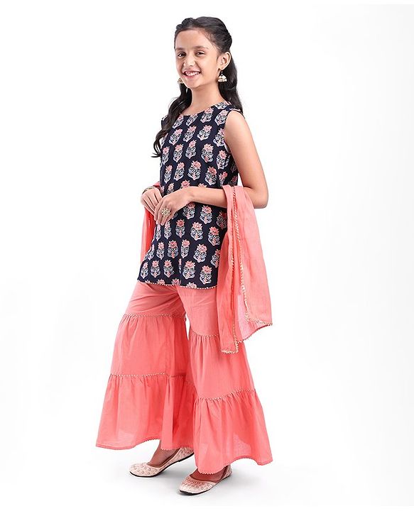 Pine Kids Sleeveless  Kurti & Sharara with Dupatta Set Block Print - Blue