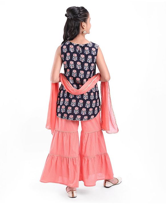 Pine Kids Sleeveless  Kurti & Sharara with Dupatta Set Block Print - Blue