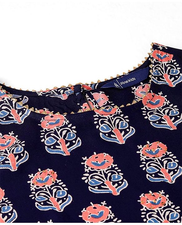 Pine Kids Sleeveless  Kurti & Sharara with Dupatta Set Block Print - Blue