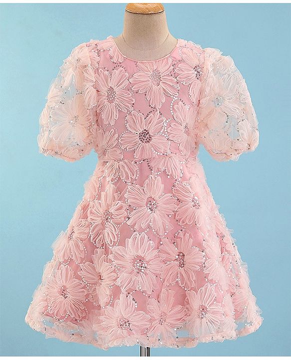 Pine Kids Half Sleeves Embroidered Knee Length Party Wear Dress with Sequins - Light Pink
