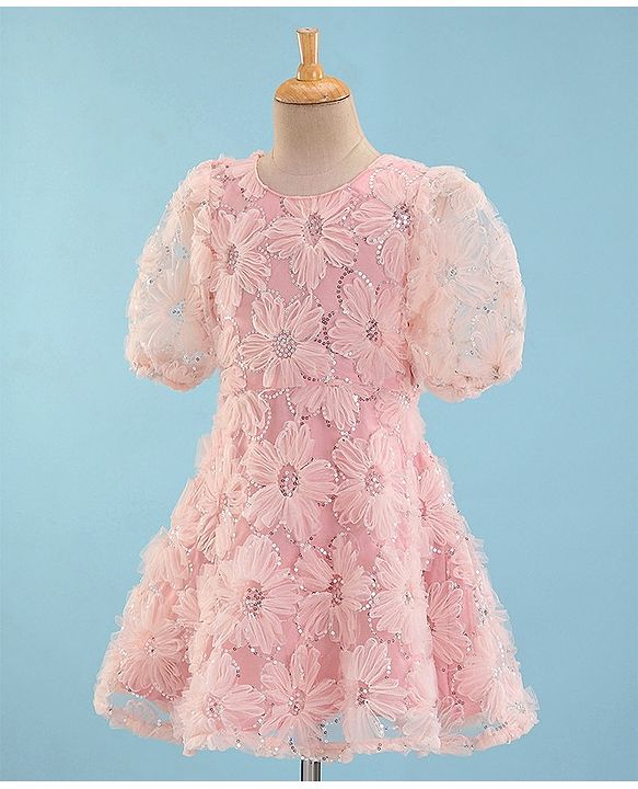 Pine Kids Half Sleeves Embroidered Knee Length Party Wear Dress with Sequins - Light Pink
