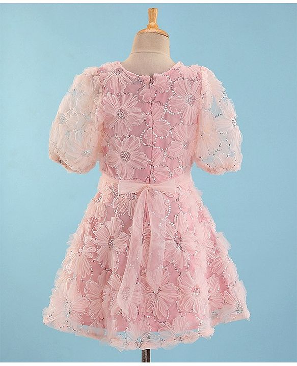 Pine Kids Half Sleeves Embroidered Knee Length Party Wear Dress with Sequins - Light Pink