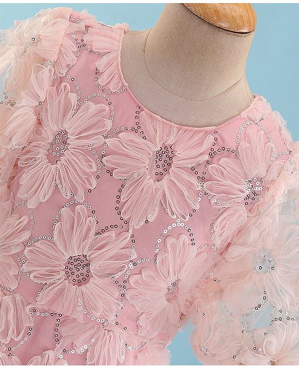 Pine Kids Half Sleeves Embroidered Knee Length Party Wear Dress with Sequins - Light Pink