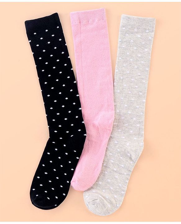 Pine Kids Knee Length Socks with Antimicrobial Finish Dotted Design Pack of 3 (Color May Vary)