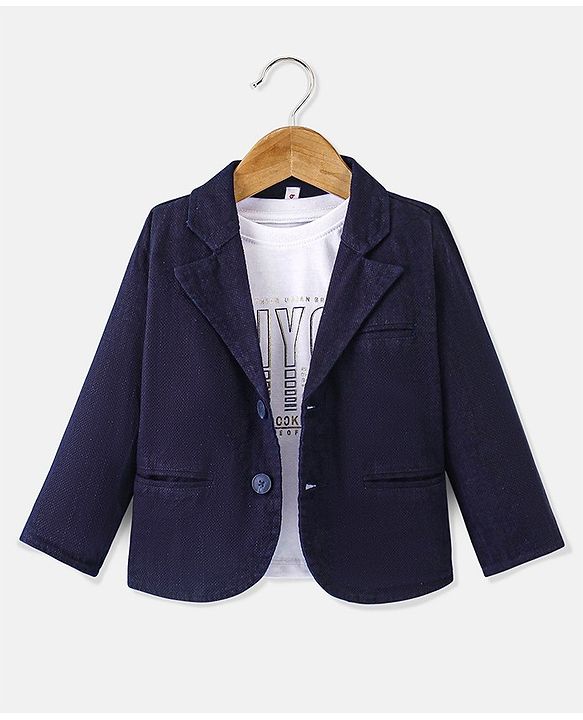 Babyhug Full Sleeves Party Blazer with T-Shirt Text Printed - Navy Blue & White