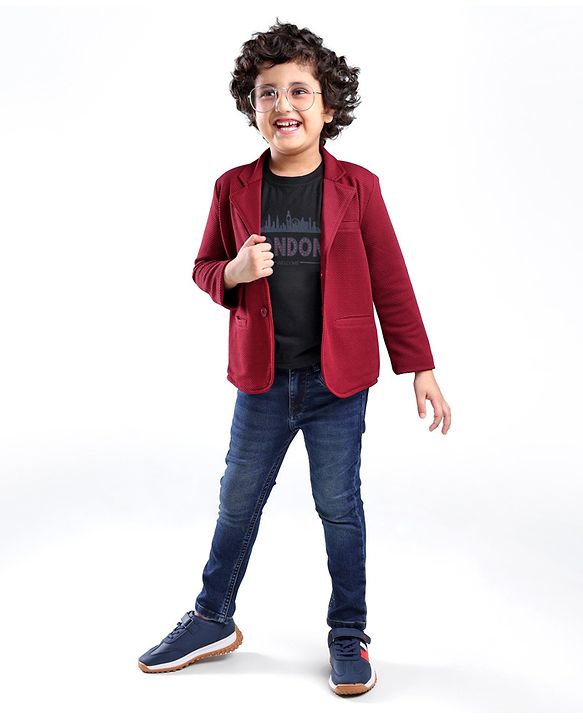 Babyhug Woven Full Sleeves Party Blazer With T-Shirt - Maroon
