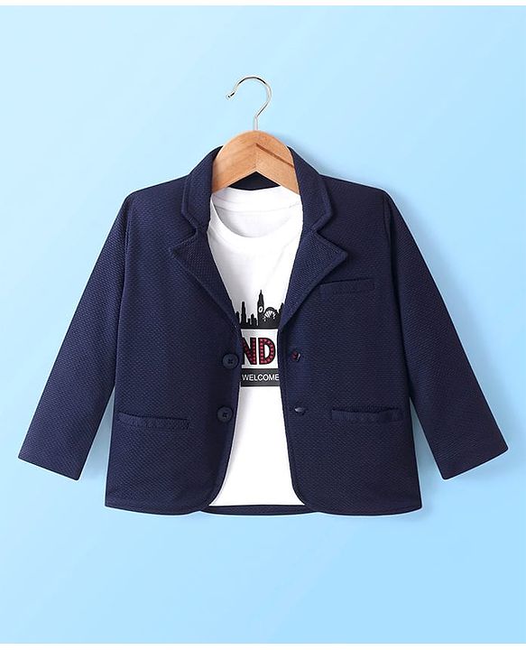 Babyhug Woven Full Sleeves Solid Blazer with T-Shirt - Navy Blue